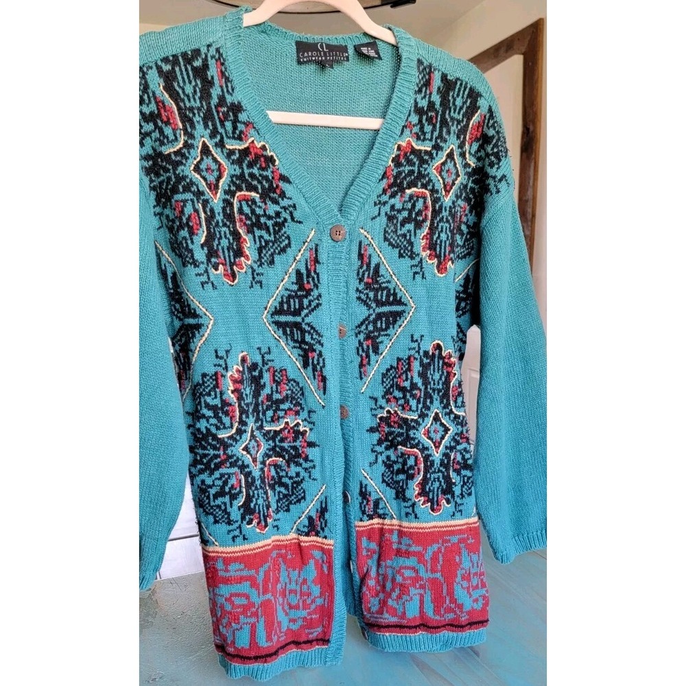 Vintage Carole Little Women's Teal Embroidered Knit Cardigan Sweater Large Petit